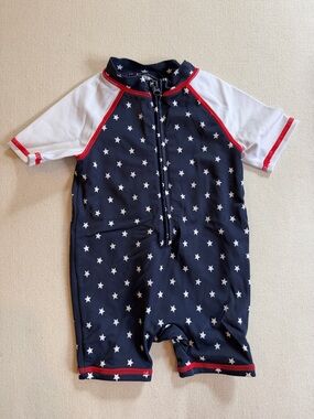 JANIE and JACK Navy Star Short Sleeve Baby Swim Romper with White Sleeves